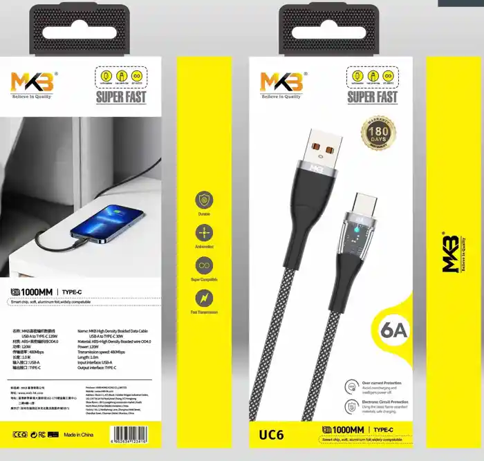 MKB UC6 USB-TPYEC/6A hight power/Transparent board display light/hight density braided Data cable